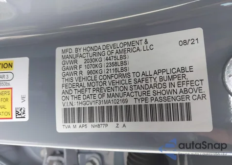 2021 Honda Accord Sport from USA, damaged, VIN 1HGCV1F31MA102169